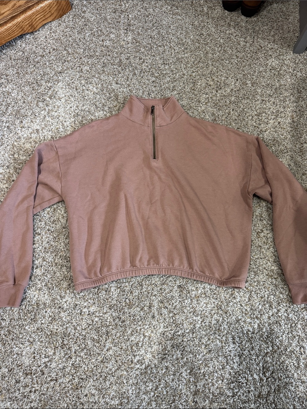 American Eagle Outfitters Mauve Zip-Neck Cropped Sweatshirt